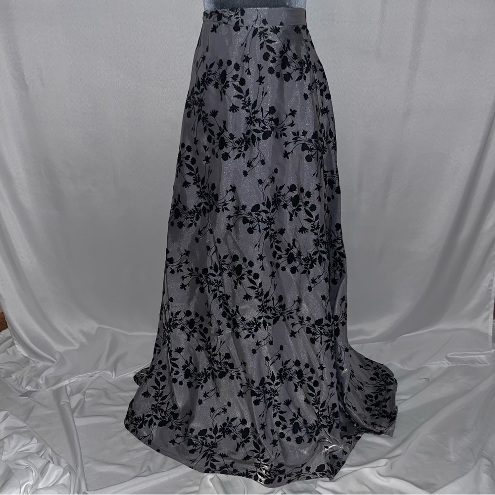 Shiny Gray Maxi Skirt with Velvet Flowers